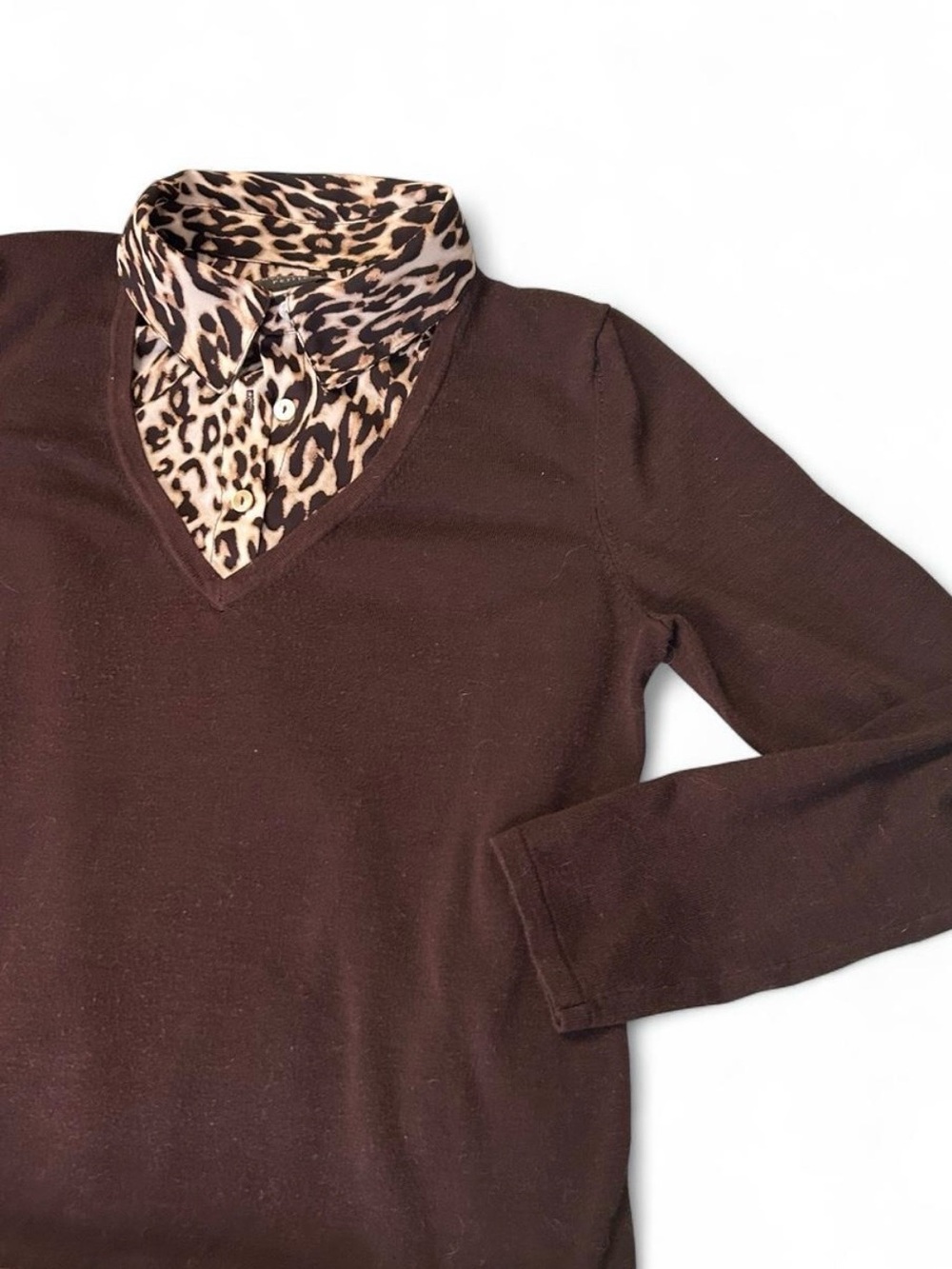 Investments Chocolate Brown V-Neck Sweater with Leopard Collar